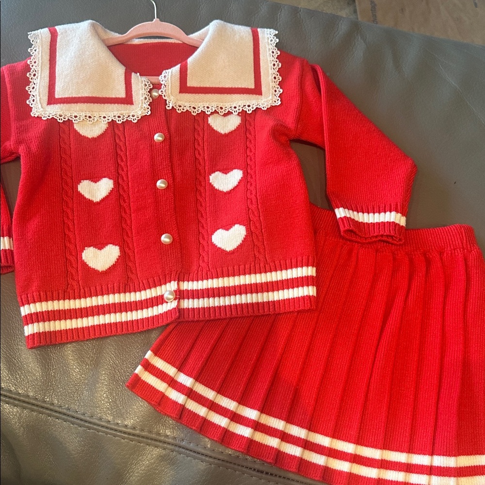 Red Heart Knit Cardigan and Skirt Set, Holiday or Valentine’s Day